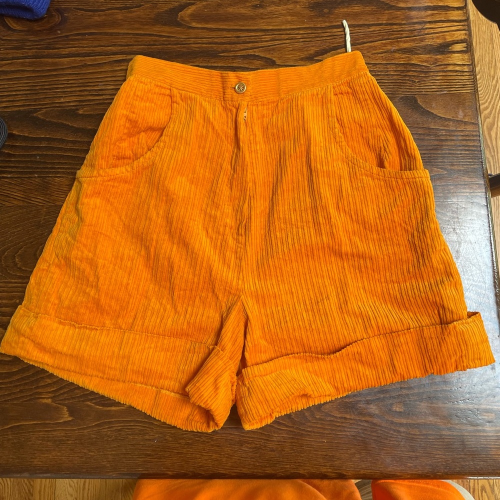 Vtg 70s 80s Ladies Orange Cotton Corduroy Shorts Womens 13-14 High Waisted Beach